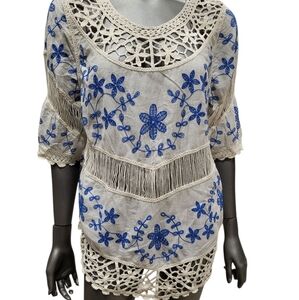 B13. Oliver by Escio Embroidered Blue and Cream Women's Top - Size L